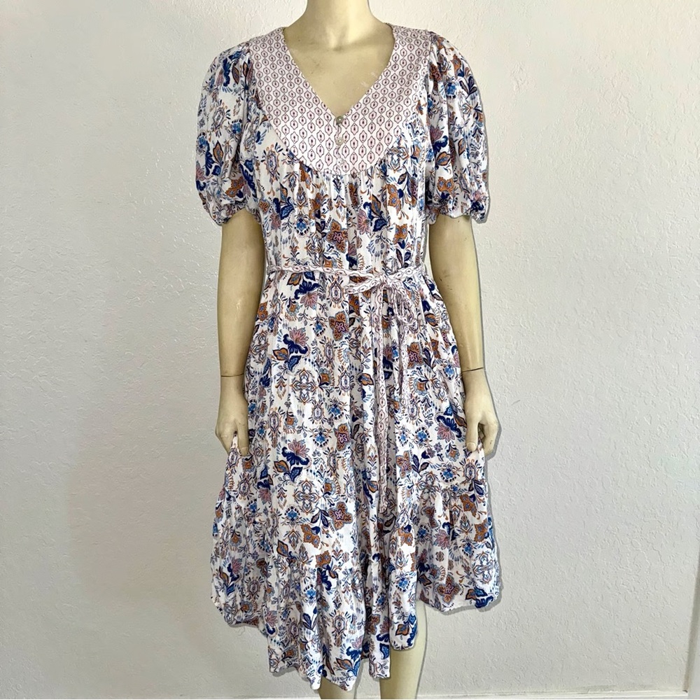 Lucky Brand Puff Dolman Sleeve Boho Floral Midi Dress Ruffle